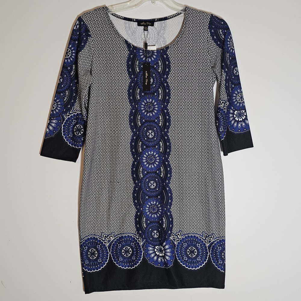 Melissa Paige Dress Womens Medium‎ Sapphire Blue Black Print 3/4 Sleeve Stretch